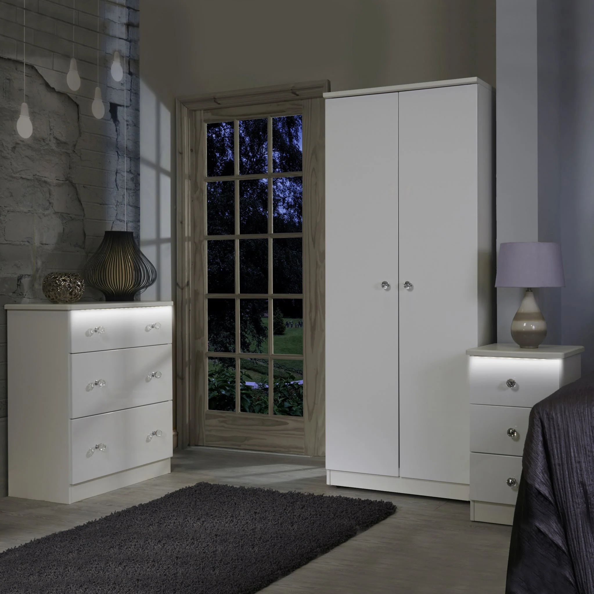 Aria White Gloss LED Lighting 2 Drawer Bedside Cabinet - Image 2
