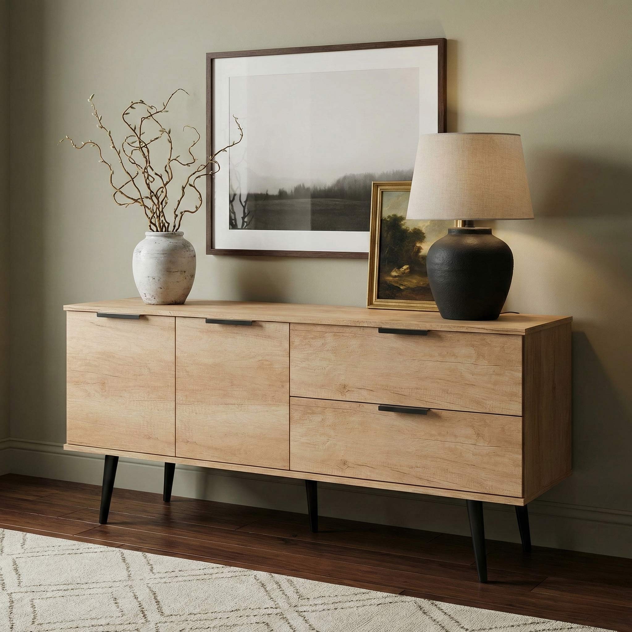 Asher Light Oak 2 Drawer 2 Door Wide Sideboard with Black Legs - Image 2