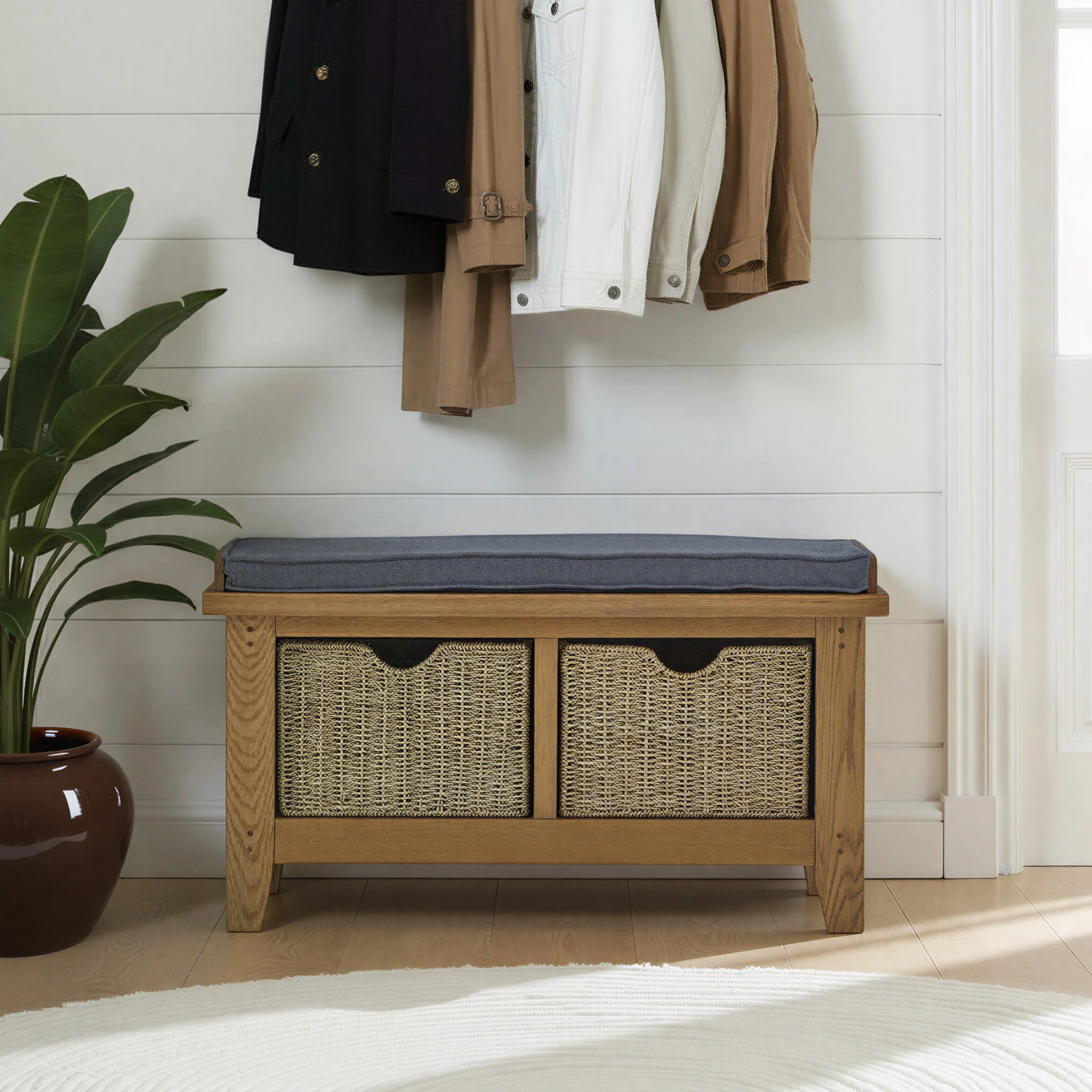 Broadway Oak Hallway Bench with Baskets - Image 2