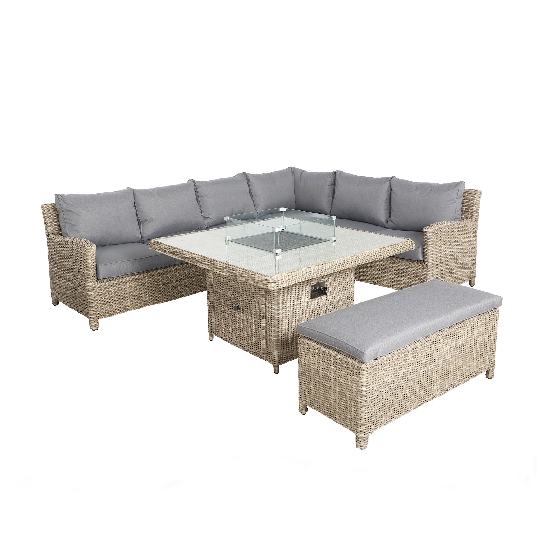 Wentworth 120cm Fire Pit Dine or Lounge Rattan Set with Bench - Image 11